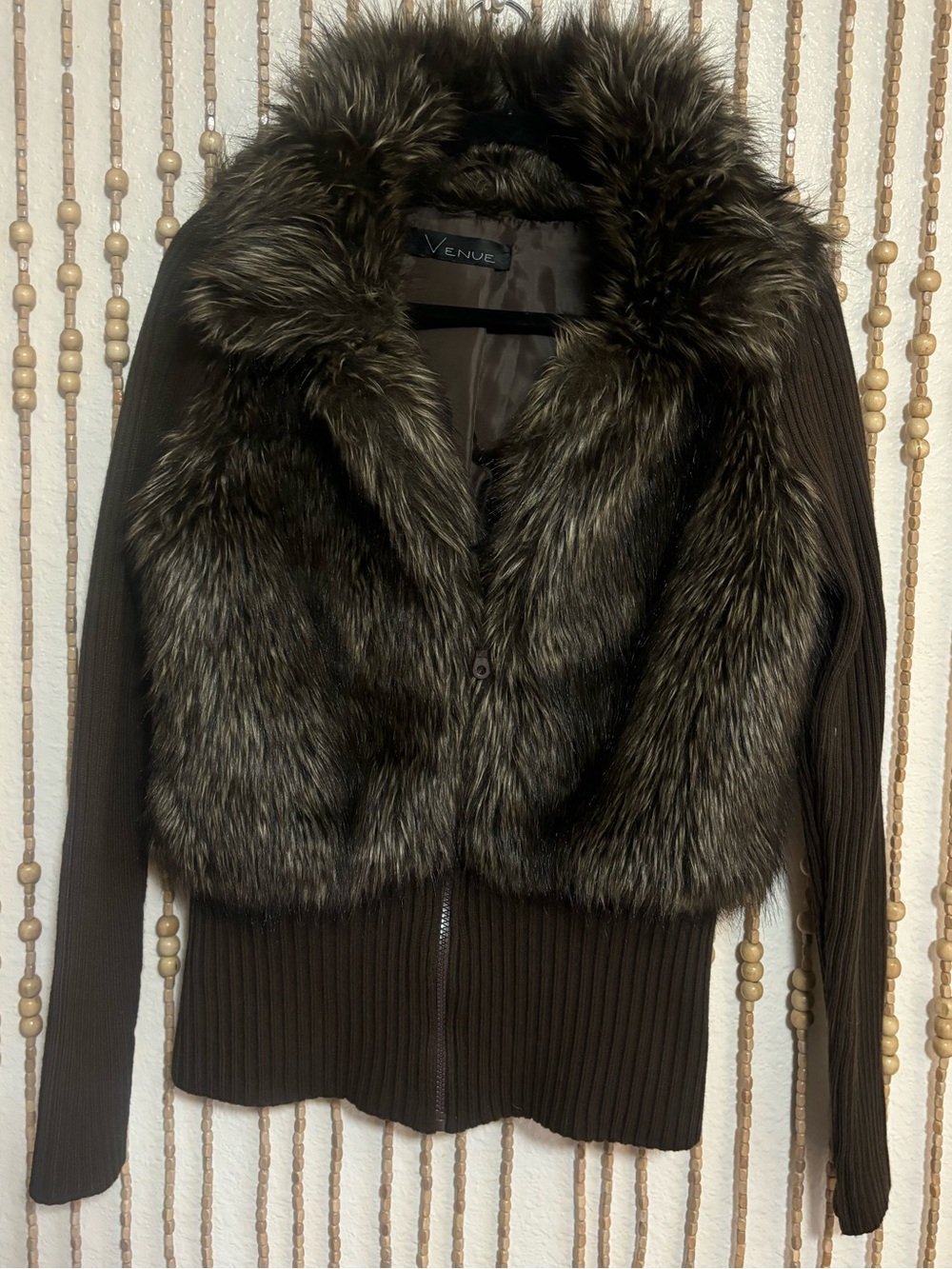 Avenue Brown Faux Fur-Trim Cardigan Jacket